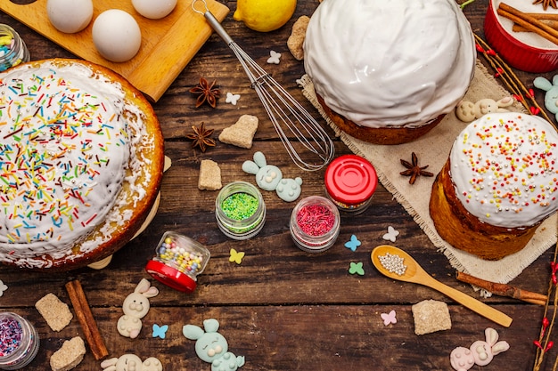 Easter cake decoration. Icing-sugar, topping, edible beads