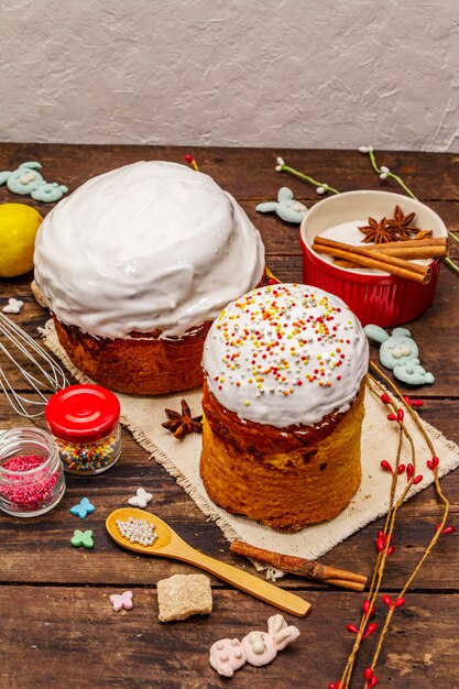 Easter cake decoration. Icing-sugar, topping, edible beads