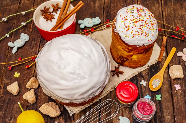 Easter cake decoration. Icing-sugar, topping, edible beads