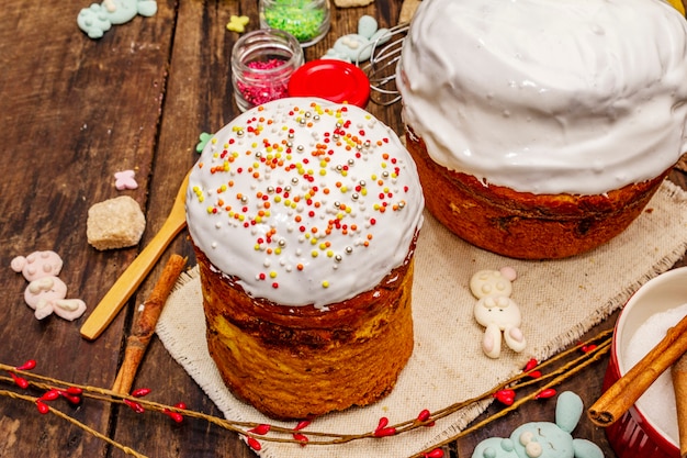 Easter cake decoration. Icing-sugar, topping, edible beads