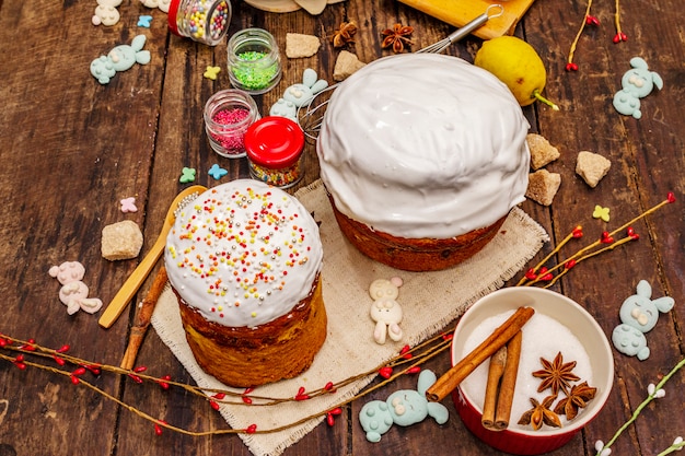 Easter cake decoration. Icing-sugar, topping, edible beads