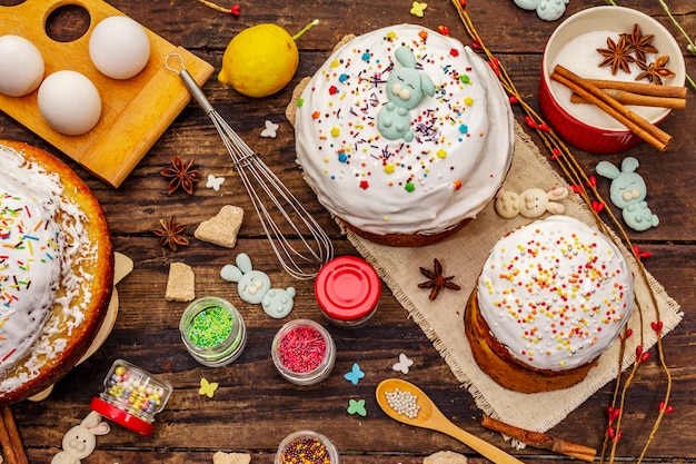 Easter cake decoration. Icing-sugar, topping, edible beads