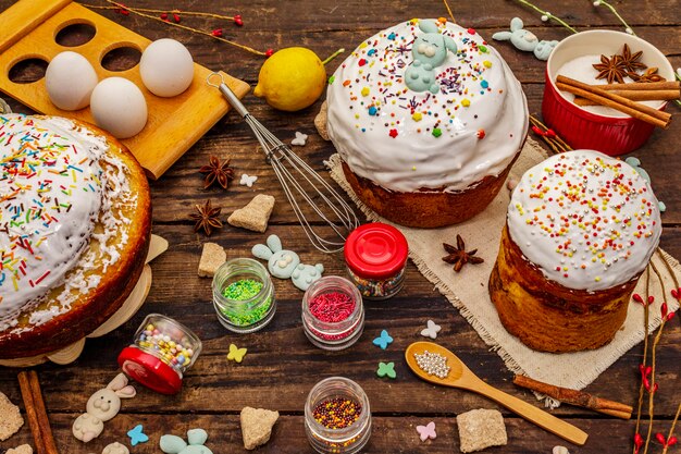 Easter cake decoration. Icing-sugar, topping, edible beads