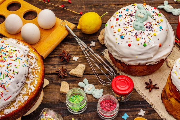 Easter cake decoration. Icing-sugar, topping, edible beads