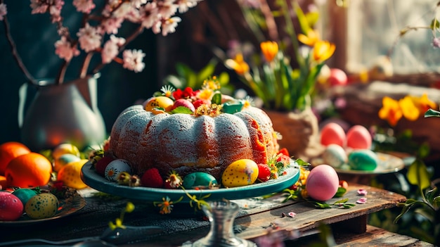 Easter cake and eggs on the table Selective focus