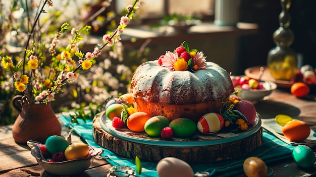 Easter cake and eggs on the table Selective focus