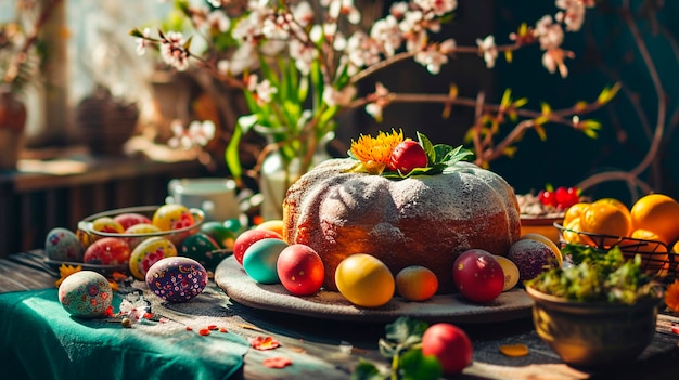 Easter cake and eggs on the table Selective focus