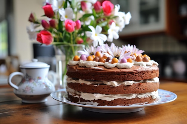 Easter cake in rustic kitchen ai generated