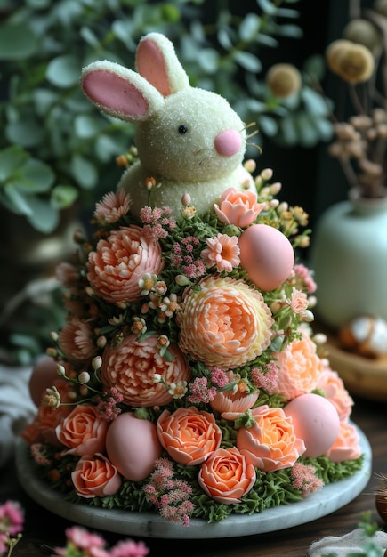 Easter cake in the shape of tree with bunny and eggs