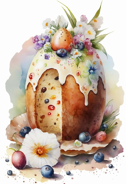 Easter cake with berries and eggs. Easter postcard. Easter card with Easter cake watercolor