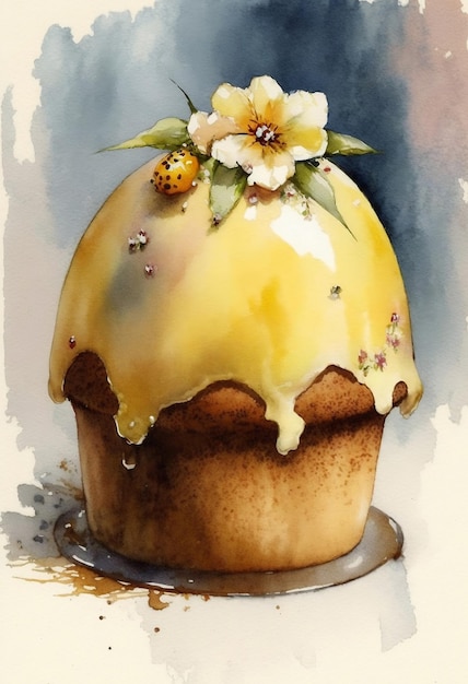 Easter cake with berries and eggs. Easter postcard. Easter card with Easter cake watercolor