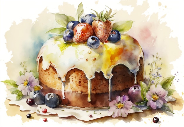 Easter cake with berries and eggs. Easter postcard. Easter card with Easter cake watercolor