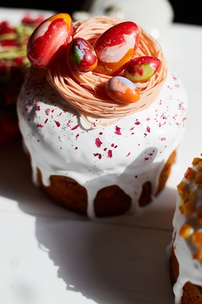 Easter cake with chocolate eggs decoration on white wooden table