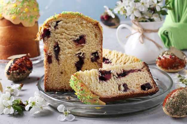 Easter cake with a slit and jam inside and Easter eggs decorated with spices and cereals, Horizontal format, Closeup