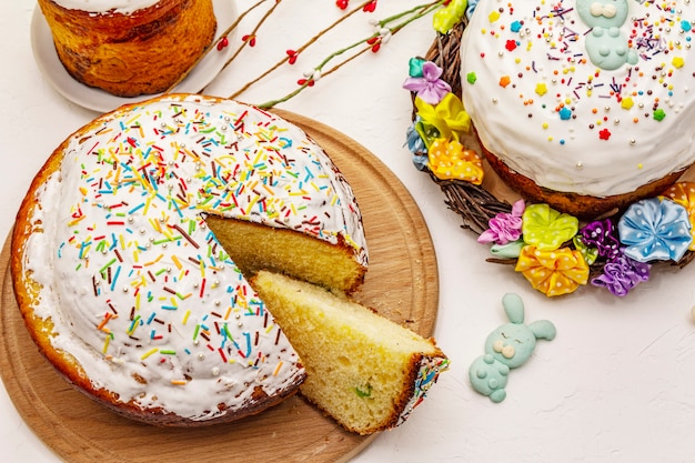 Easter cakes on white putty background. Traditional Orthodox festive bread