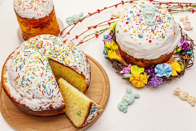 Easter cakes on white putty background. Traditional Orthodox festive bread