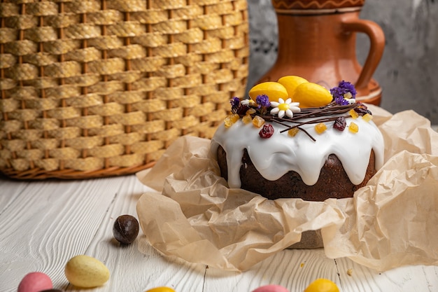 Easter cakes on a white wooden table