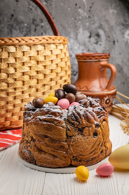 Easter cakes on a white wooden table