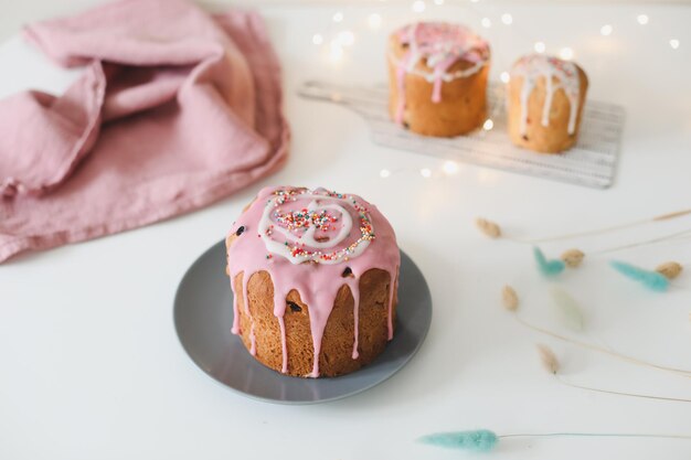 Easter cakes with decorations colorful eggs Happy Easter holiday concept