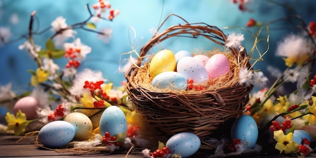 An easter card colorful easter eggs in a basket with spring flowers