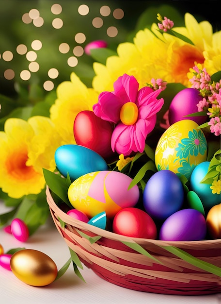 Easter card Easter colored eggs in a basket on the table