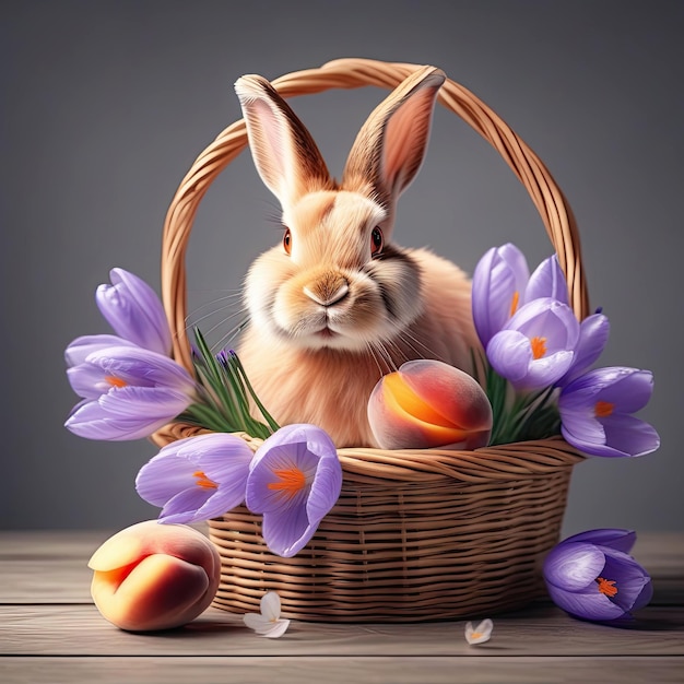 Easter card or greeting card with funny rabbit in the basket with spring flowers