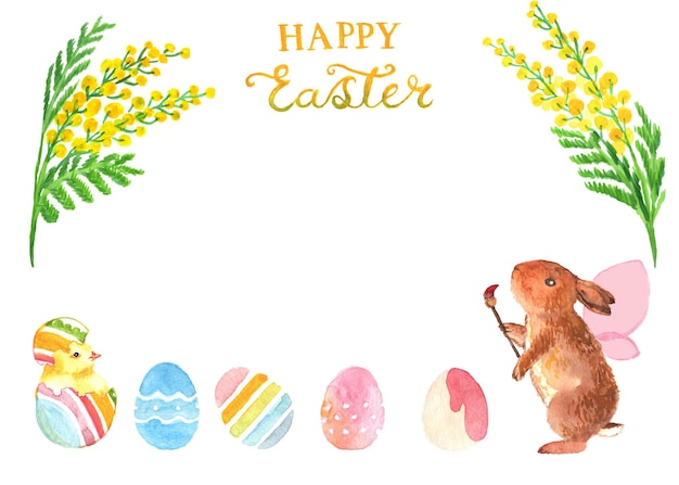 Easter card with eggs mimosa rabbit holding a brush with the words happy easter on it