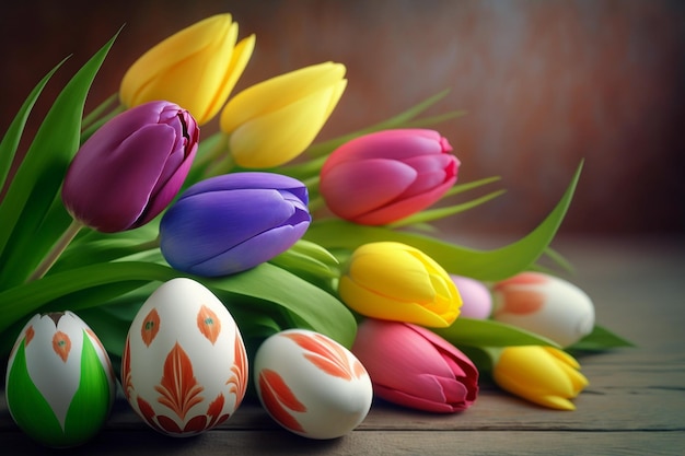 Easter celbration background with colorful tulips on the table and easter eggs