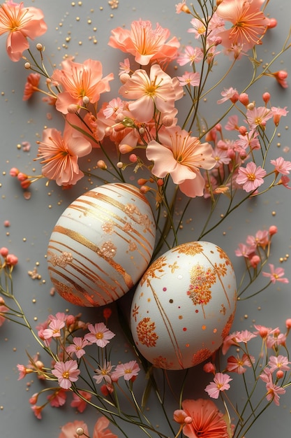 Easter charm a serene sunrise playful bunny or intricate still life Adorned with pastels blossoms and eggs it captures the essence of family tradition and springs beauty generative AI