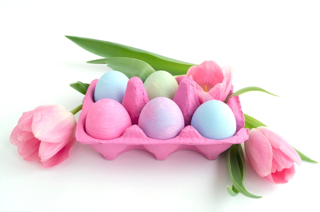 Easter color painted eggs on a white background.