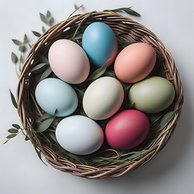 Easter colored eggs in a basket on a white background Festive Happy Easter