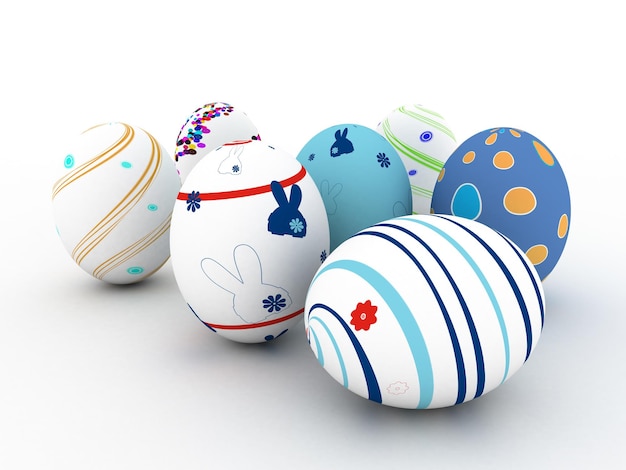 Easter colorful eggs on white background 3D render Copy space