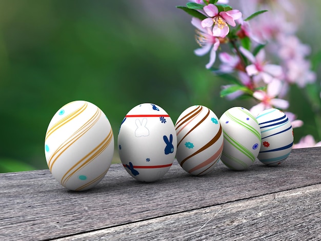 Easter colorful eggs on a wooden background 3D render Copy space