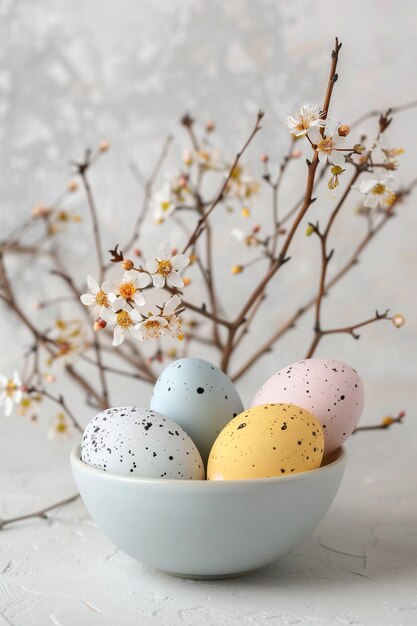 Easter composition of colorful eggs and branches Vertical background for stories