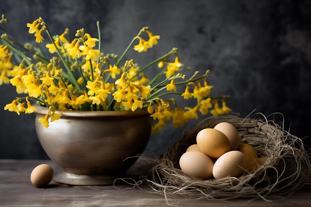 Easter composition flower and eggs on wooden background