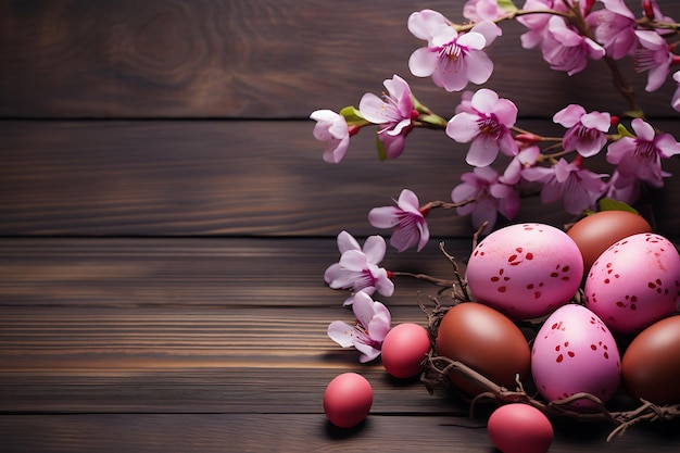 Easter composition flower and eggs on wooden background