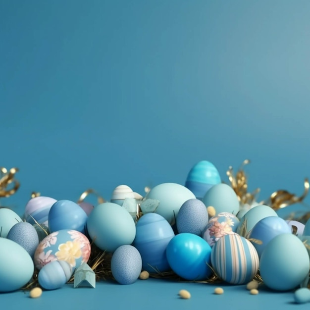 Easter composition with blue eggs and golden decoration on blue background