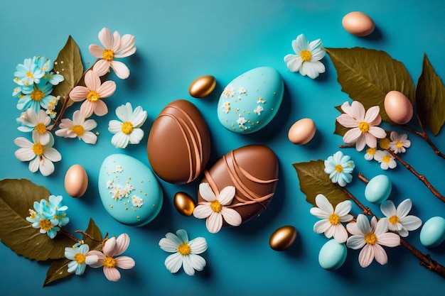 Easter composition with chocolate eggs and cherry branches with flowers on a blue background