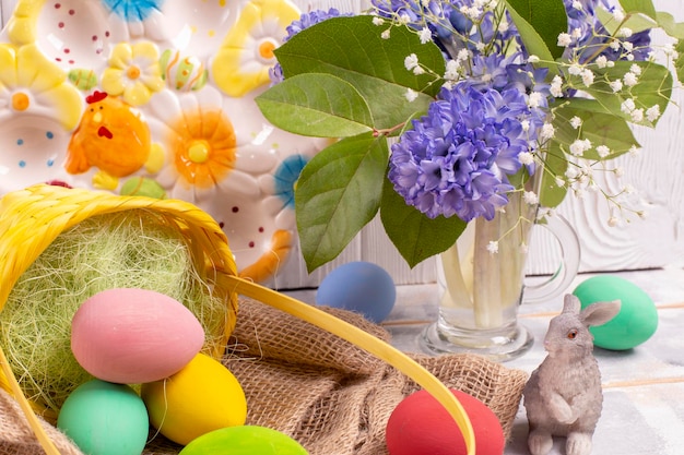 Easter composition with colorful eggs in a wicker basket a rabbit figurine and a spring bouquet in a