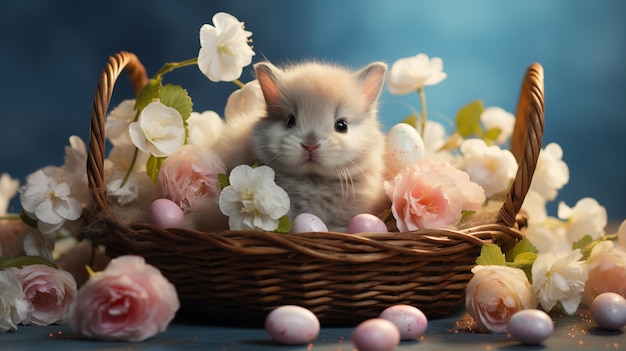 Easter composition with little cute baby bunny in basket spring flowers and colorful Easter eggs