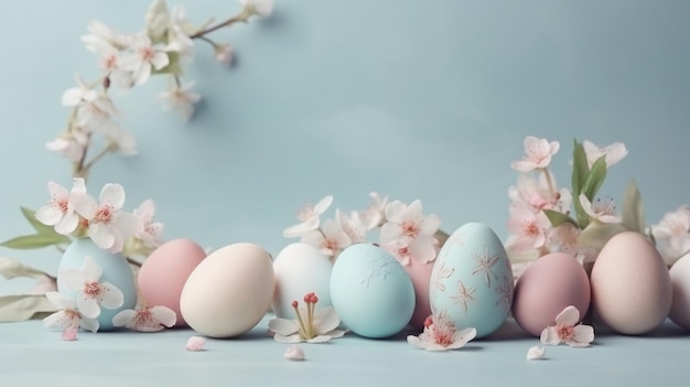 Easter composition with painted eggs spring blossoming cherry flowers blue background generative AI