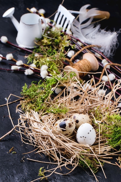 Easter composition with quail eggs