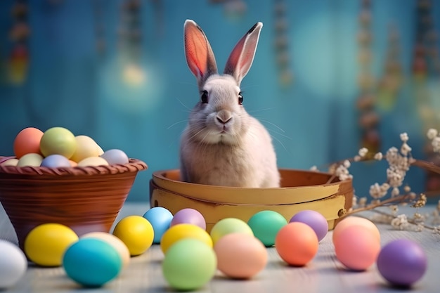 Easter composition with rabbit and colored eggs Generative AI