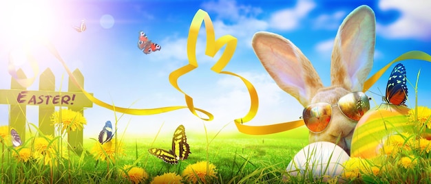 Easter composition with rabbit Festive decoration Happy Easter