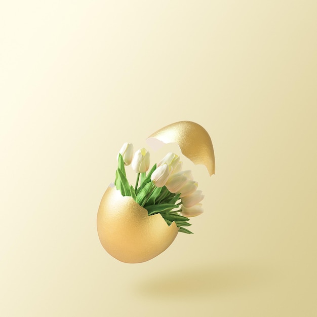 Easter creative layout on a beige background Easter egg with a bouquet of tulips with an empty space