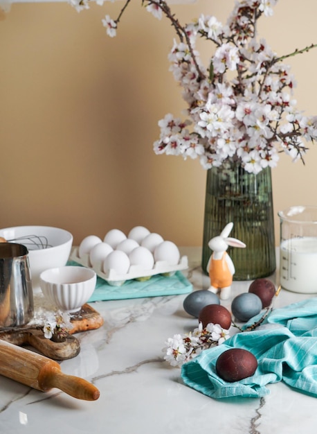 Easter culinary background on the kitchen table and copy space f