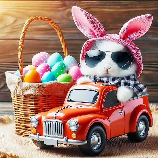 Easter cute bunny in a car delivering with sunglasses looking out of a car with easter eggs