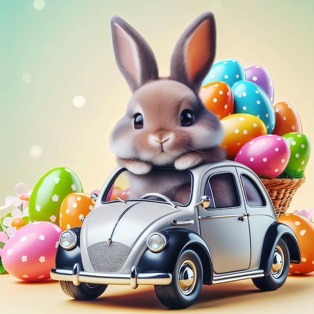 Easter cute bunny in a car delivering with sunglasses looking out of a car with easter eggs