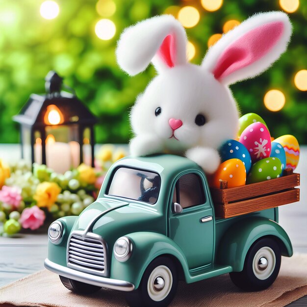 Easter cute bunny in a car delivering with sunglasses looking out of a car with easter eggs