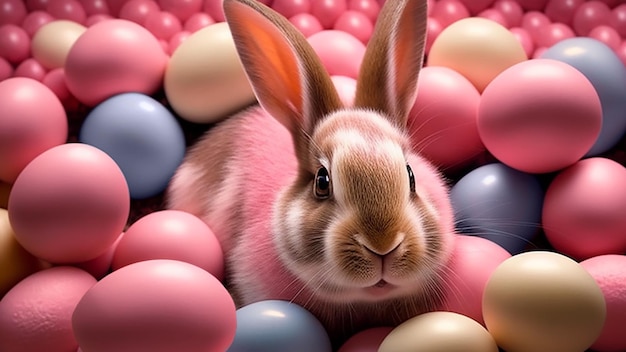 Easter cute bunny and pink eggs. Easter holiday concept. Generative Ai